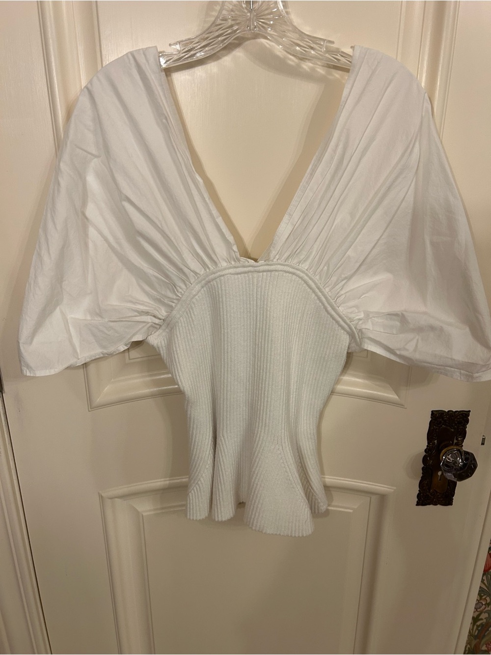 Express White V-Neck Puff Sleeve Ribbed Bodice Peplum Top